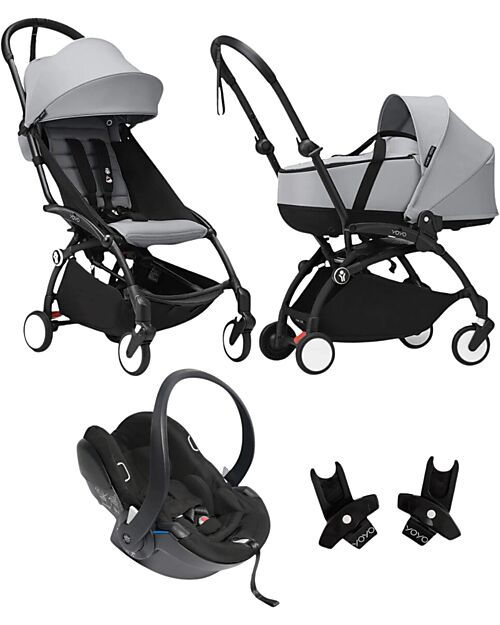 Stokke YOYO3 Stroller Trio - Black Frame + Stone Bassinet 0+ and 6+ Car Seat + Adapters Lights Strollers