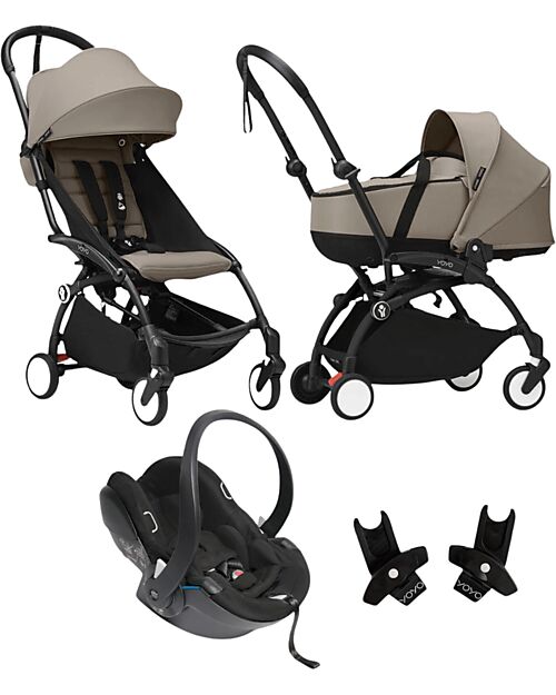 Stokke YOYO3 Stroller Trio - Black Frame + Taupe Bassinet 0+ and 6+ Car Seat + Adapters Lights Strollers