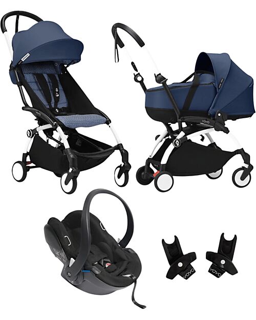 Stokke YOYO3 Stroller Trio - White Frame + Air France Blue Bassinet 0+ and 6+ Car Seat + Adapters Lights Strollers