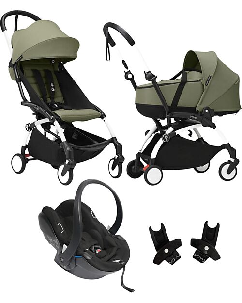 Stokke YOYO3 Stroller Trio - White Frame + Olive Bassinet 0+ and 6+ Car Seat + Adapters Lights Strollers