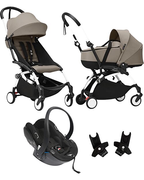 Stokke YOYO3 Stroller Trio - White Frame + Taupe Bassinet 0+ and 6+ Car Seat + Adapters Lights Strollers