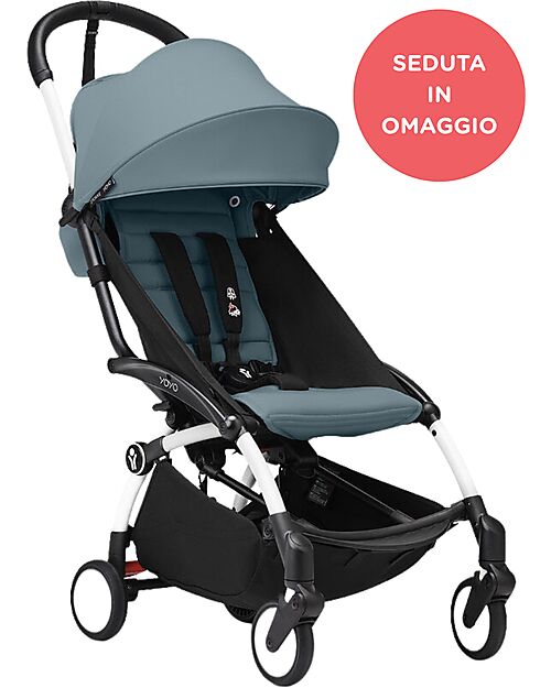 Stokke YOYO3 Stroller White Frame and Aqua 6+ Seat for Free Lights Strollers