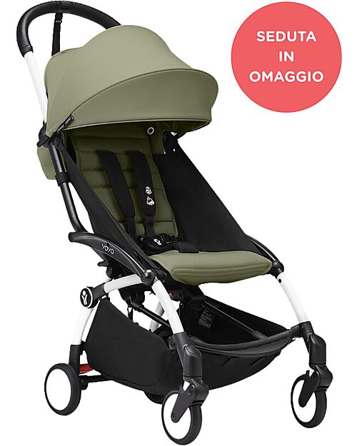 Stokke YOYO3 Stroller White Frame and Olive 6+ Seat for Free Lights Strollers