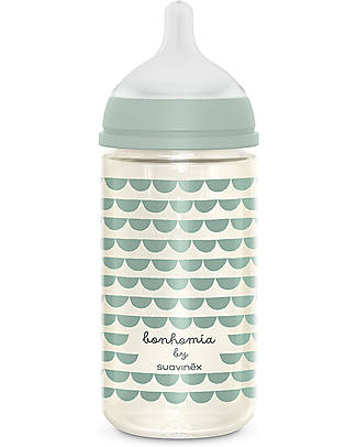 Suavinex Bonhomia Glass Baby Bottle - 240 ml - Green Leaf - 3+ - with Symmetric Teat SX Pro Baby Bottles