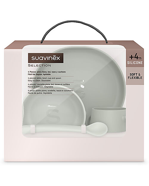 Suavinex Color Essence Food Set in Silicone - Plate/Bowl/Cup and Spoon - Green Meal Sets