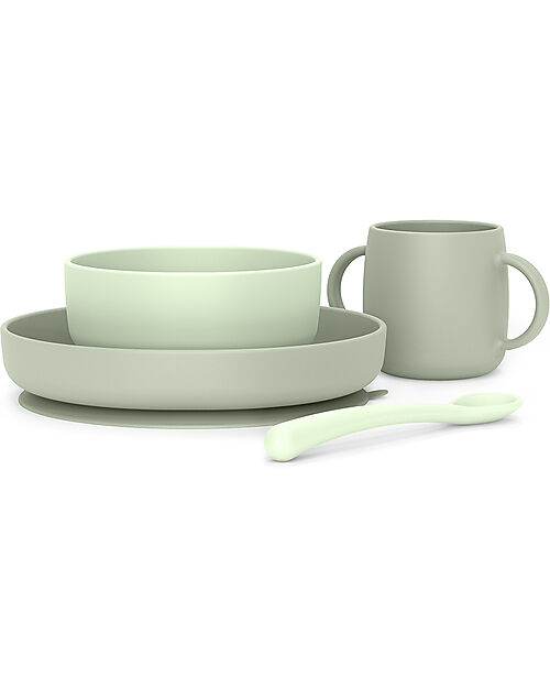 Suavinex Color Essence Food Set in Silicone - Plate/Bowl/Cup and Spoon - Green Meal Sets