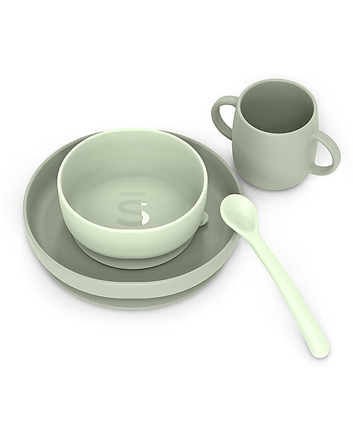 Suavinex Color Essence Food Set in Silicone - Plate/Bowl/Cup and Spoon - Green Meal Sets