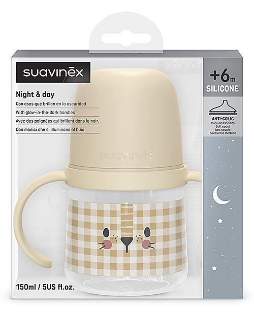 Suavinex Night&Day Bottle - with Handles 150ml - Anti-drip Technology - Lion - from 4 months Baby Bottles