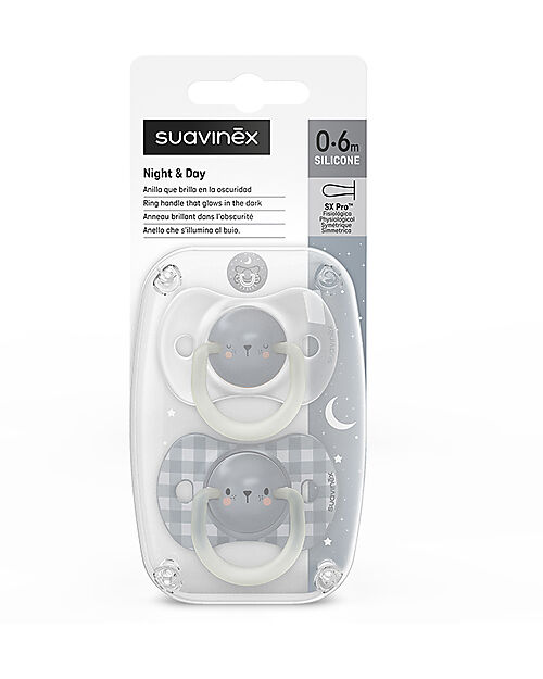 Suavinex Set of 2 Night&Day Pacifiers - Symmetrical SX Pro Silicone Teat - Bear - 0-6 Months Dummies & Soothers