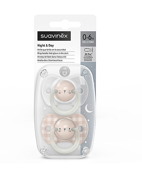 Suavinex Set of 2 Night&Day Pacifiers - Symmetrical SX Pro Silicone Teat - Rabbit - 0-6 Months Dummies & Soothers