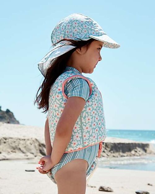 Swim Essentials Swim Cap with Visor and Long Neck Flap - Florish Green - UPF 50+ Fabric Sunhats