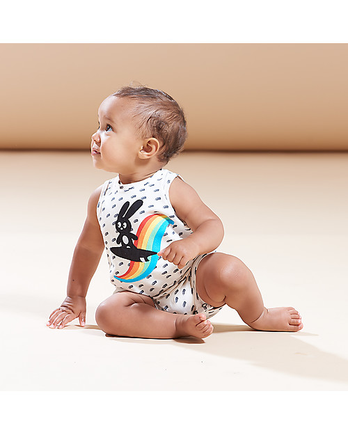 The Bonnie Mob Peaky Sleeveless Romper Rainbow Surf Bunny Organic Cotton unisex bambini