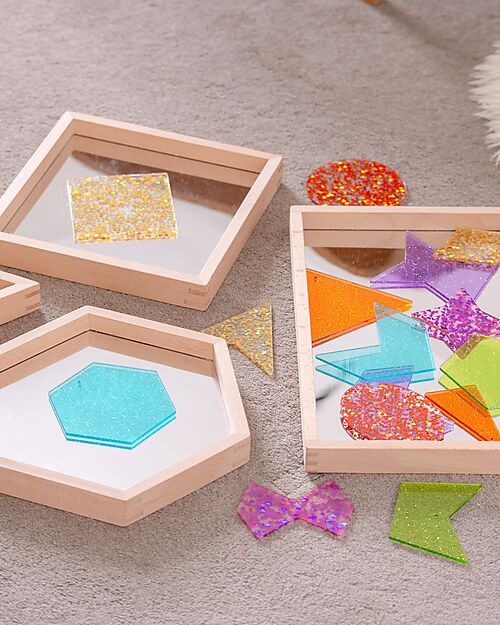 tickit Beech Wood Mirror Trays - 4 Pieces - Geometric Shapes - 0+ Sensory Games_