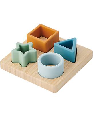 tickit Geometric Shapes Interlocking Puzzle Game - Neutral - Bamboo Wood and Food Grade Silicone Wooden Stacking Toys