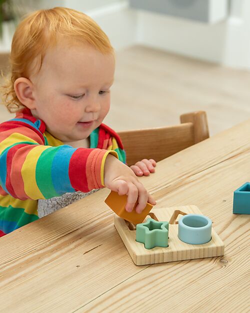 tickit Geometric Shapes Interlocking Puzzle Game - Neutral - Bamboo Wood and Food Grade Silicone Wooden Stacking Toys