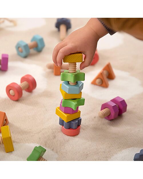 tickit Nuts and Bolts - Rainbow - 28 Pieces - Beech Wood - from 12 Months Wooden Stacking Toys