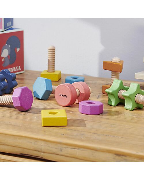 tickit Nuts and Bolts - Rainbow - 28 Pieces - Beech Wood - from 12 Months Wooden Stacking Toys
