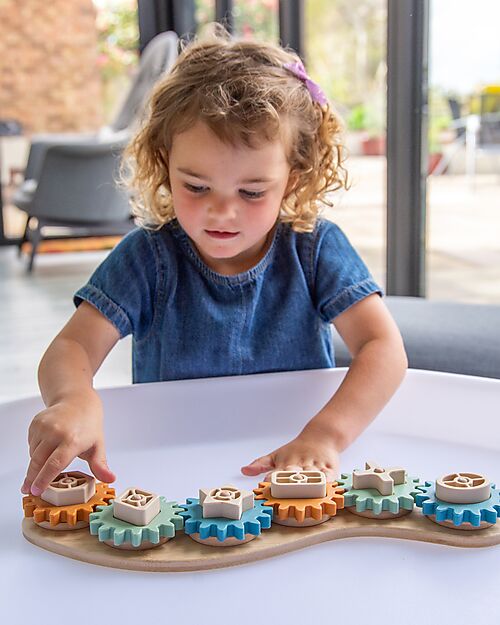 tickit Puzzle Game with Interlocking Gears - Neutral - Bamboo Wood and Food Grade Silicone Wooden Stacking Toys