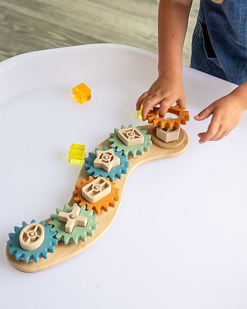 tickit Puzzle Game with Interlocking Gears - Neutral - Bamboo Wood and Food Grade Silicone Wooden Stacking Toys