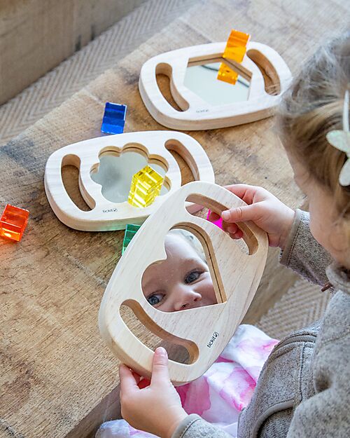 tickit Set of 3 Sensory Toys in FSC Rubber Wood - Mirrors with Shapes - Easy Hold - 12m+ Sensory Games_