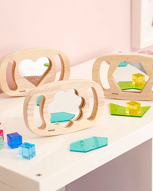 tickit Set of 3 Sensory Toys in FSC Rubber Wood - Mirrors with Shapes - Easy Hold - 12m+ Sensory Games_