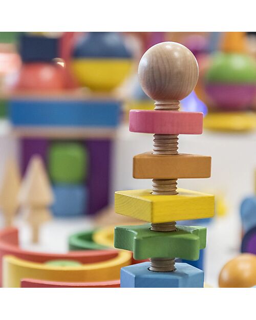 tickit Twister - 1 Bolt and 7 Nuts - Rainbow - Solid Wood - from 18 Months Wooden Stacking Toys