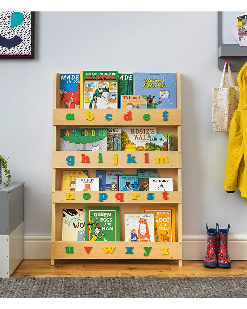 Tidy Books Children S Front Facing Montessori Wood Bookcase With 3d Alphabet Natural Lowercase Unisex Bambini