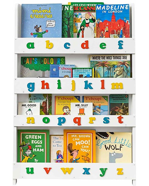 Tidy Books Children’s Front Facing Montessori Wood Bookcase with 3D Alphabet - White Lowercase Montessori Bookcases