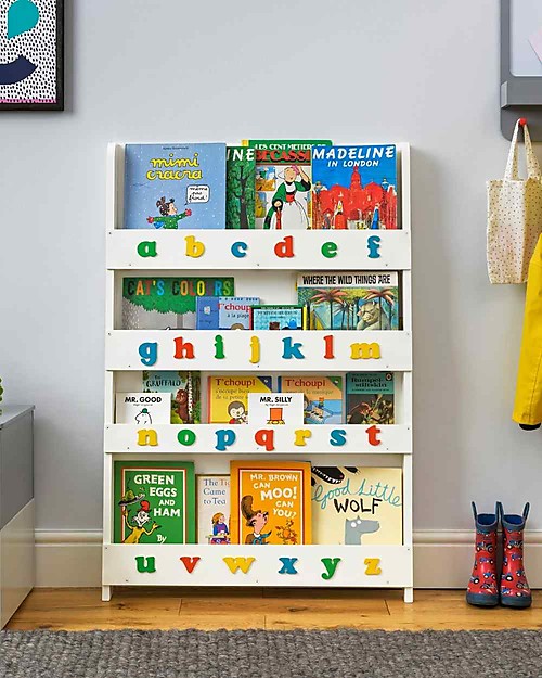 Tidy Books Children’s Front Facing Montessori Wood Bookcase with 3D Alphabet - White Lowercase Montessori Bookcases