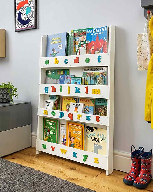 Tidy Books Children’s Front Facing Montessori Wood Bookcase with 3D Alphabet - White Lowercase Montessori Bookcases
