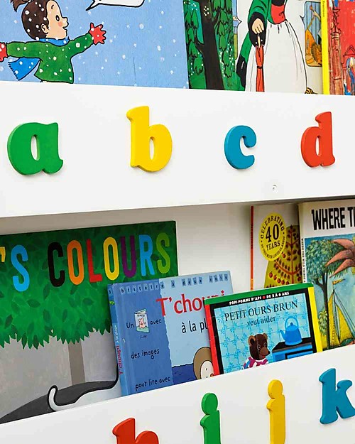 Tidy Books Children’s Front Facing Montessori Wood Bookcase with 3D Alphabet - White Lowercase Montessori Bookcases