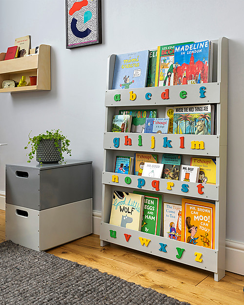 Tidy Books Children’s Front Facing Wood Bookcase with 3D Alphabet Pale Grey, Lowercase unisex