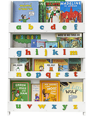 Tidy Books Montessori Frontal Bookcase for Children in Wood - Soft White - 3D Lowercase Colored Letters Montessori Bookcases