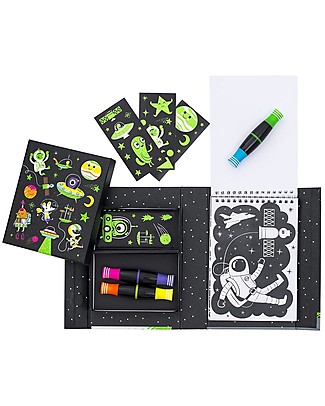Tiger Tribe Neon Colouring Set, Outer Space - Includes booklet, fluo markers and stickers! Draw And Color