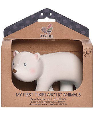 Tikiri 3-in-1 Polar Bear Rattle - Teether - Bath Toy - My First Farm - Gift Box - 100% Natural Rubber Teethers