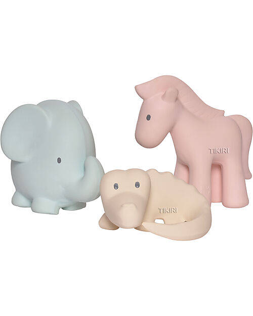 Tikiri 3-in-1 Rattle, Teether, Bath Toy - 3 Pcs Set - My First Safari - 100% Natural Rubber - GOLS Certified Bath Toys