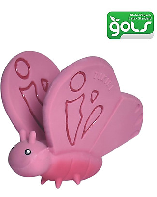 Tikiri 3-in-1 Rattle, Teether, Bath Toy - Butterfly - Garden Animals - 100% Natural Rubber - GOLS Certified Bath Toys