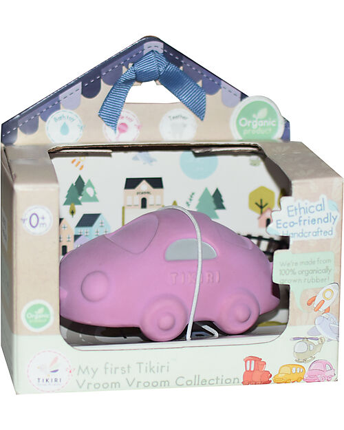 Tikiri 3-in-1 Rattle, Teether, Bath Toy - Car - Vroom Vroom Friends - Gift Box - 100% Natural Rubber - GOLS Certified Bath Toys