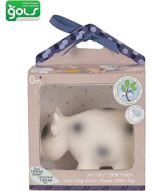 Tikiri 3-in-1 Rattle, Teether, Bath Toy - Cow - My First Farm - Gift Box - 100% Natural Rubber Bath Toys