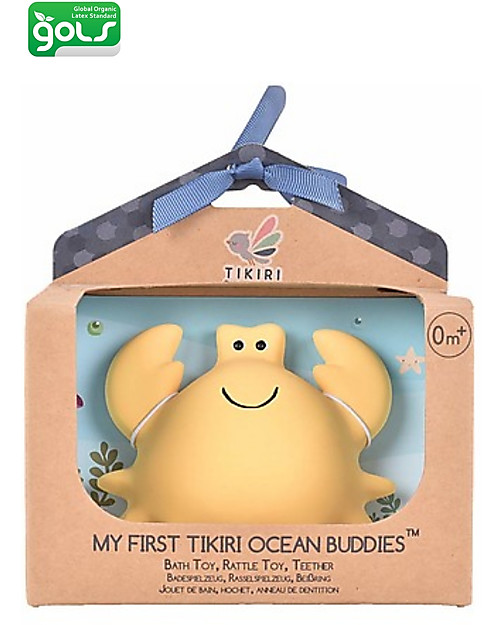 Tikiri 3-in-1 Rattle, Teether, Bath Toy - Crab, Ocean Buddies, Gift Box - 100% Natural Rubber Bath Toys