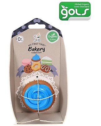 Tikiri 3-in-1 Rattle, Teether, Bath Toy - Cupcake - Bakery Items - 100% Natural Rubber - GOLS Certified Bath Toys