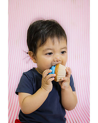 Tikiri 3-in-1 Rattle, Teether, Bath Toy - Cupcake - Bakery Items - 100% Natural Rubber - GOLS Certified Bath Toys