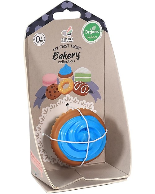 Tikiri 3-in-1 Rattle, Teether, Bath Toy - Cupcake - Bakery Items - 100% Natural Rubber - GOLS Certified Teethers