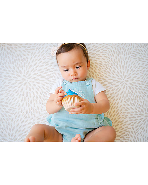 Tikiri 3-in-1 Rattle, Teether, Bath Toy - Cupcake - Bakery Items - 100% Natural Rubber - GOLS Certified Teethers