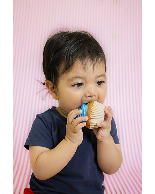 Tikiri 3-in-1 Rattle, Teether, Bath Toy - Cupcake - Bakery Items - 100% Natural Rubber - GOLS Certified Teethers
