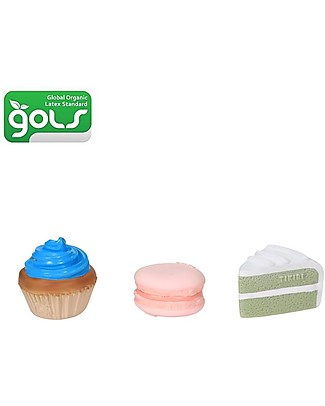 Tikiri 3-in-1 Rattle, Teether, Bath Toy - Cupcake, Cake & Macaroon - 3 Pcs Set - Bakery Items - 100% Natural Rubber - GOLS Certified Bath Toys