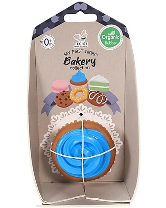 Tikiri 3-in-1 Rattle, Teether, Bath Toy - Cupcake, Cake & Macaroon - 3 Pcs Set - Bakery Items - 100% Natural Rubber - GOLS Certified Bath Toys