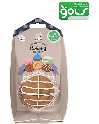 Tikiri 3-in-1 Rattle, Teether, Bath Toy - Danish Pastry - Bakery Items - 100% Natural Rubber - GOLS Certified Bath Toys