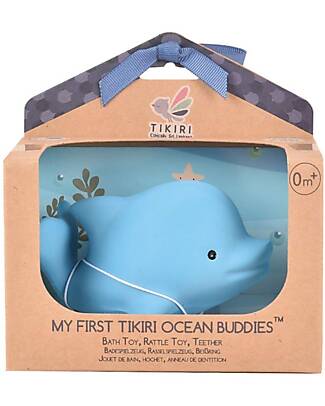 Tikiri 3-in-1 Rattle, Teether, Bath Toy - Dolphin, Ocean Buddies, Gift Box - 100% Natural Rubber Bath Toys