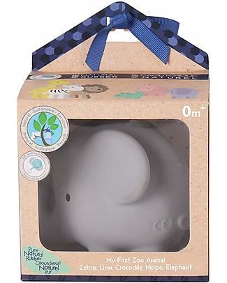 Tikiri 3-in-1 Rattle, Teether, Bath Toy Elephant, My First Zoo - Gift Box - 100% Natural Rubber Rattles